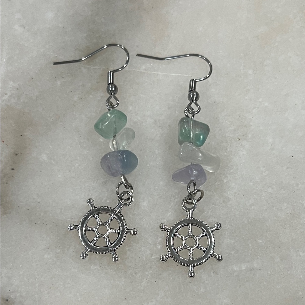 Silver Nautical Wheel Earrings with Multicolor Fluorite Stones